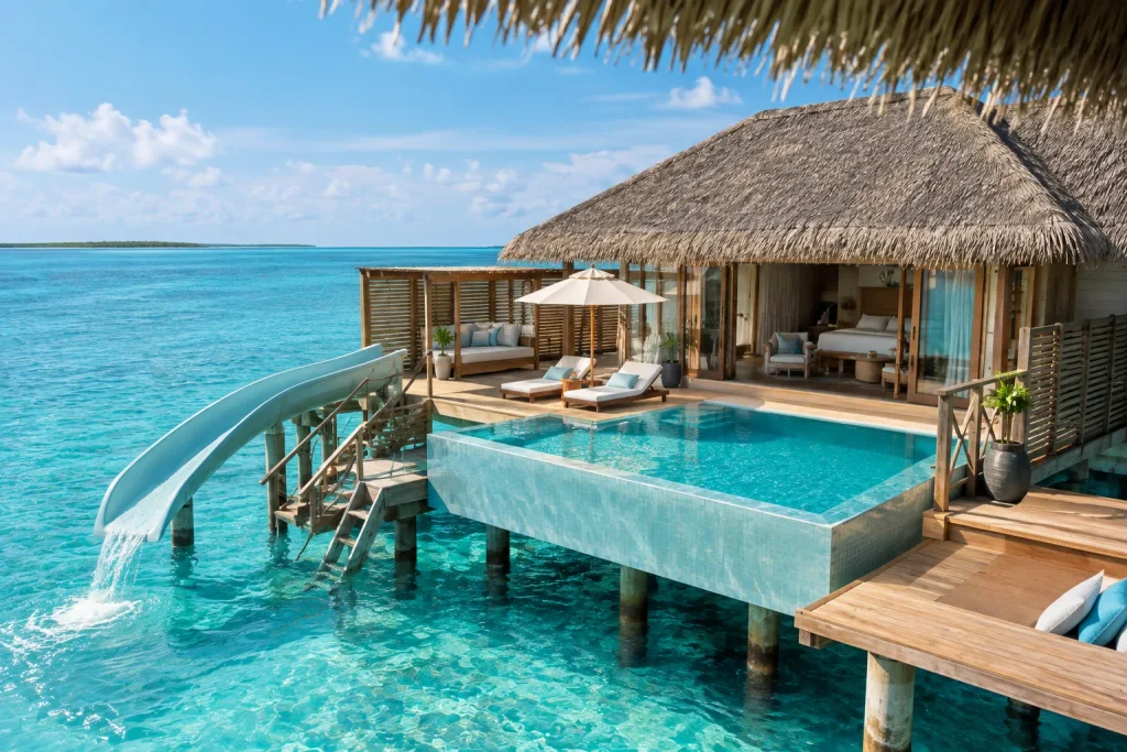 Overwater villa with a private pool and slide, the family-friendly feature a resort ranking won't show