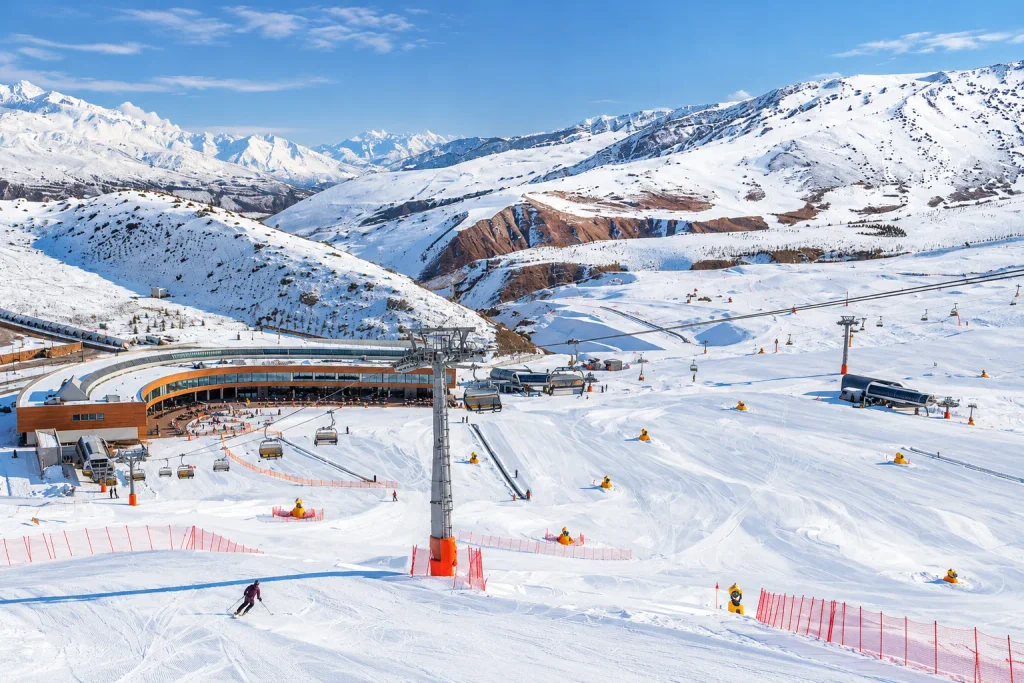 Mountain resort hotel at sunrise in the Greater Caucasus, a base to compare when planning Shahdag or Tufandag