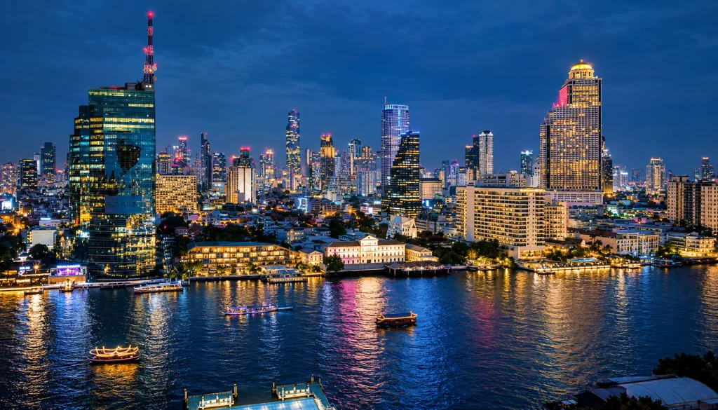 Bangkok luxury hotel skyline glowing over the Chao Phraya River at blue hour