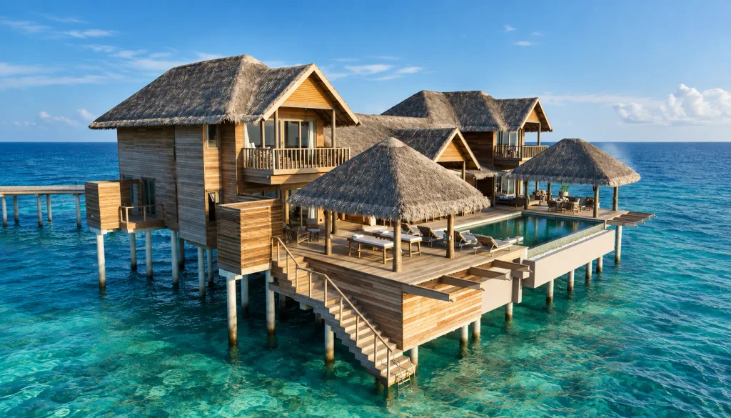 Maldives overwater pool villas on stilts above a turquoise lagoon, with a thatched roof and private plunge pool.