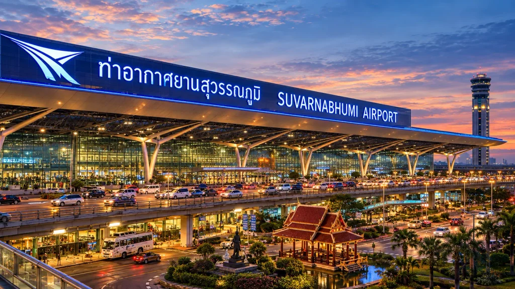 Suvarnabhumi Airport at dusk, the arrival point for a Bangkok luxury hotel stay