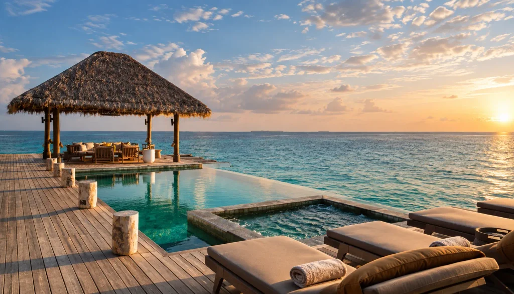 Sunset view from an overwater villa deck in the Maldives, infinity pool and jacuzzi facing the open ocean | Maldives Overwater Pool Villas