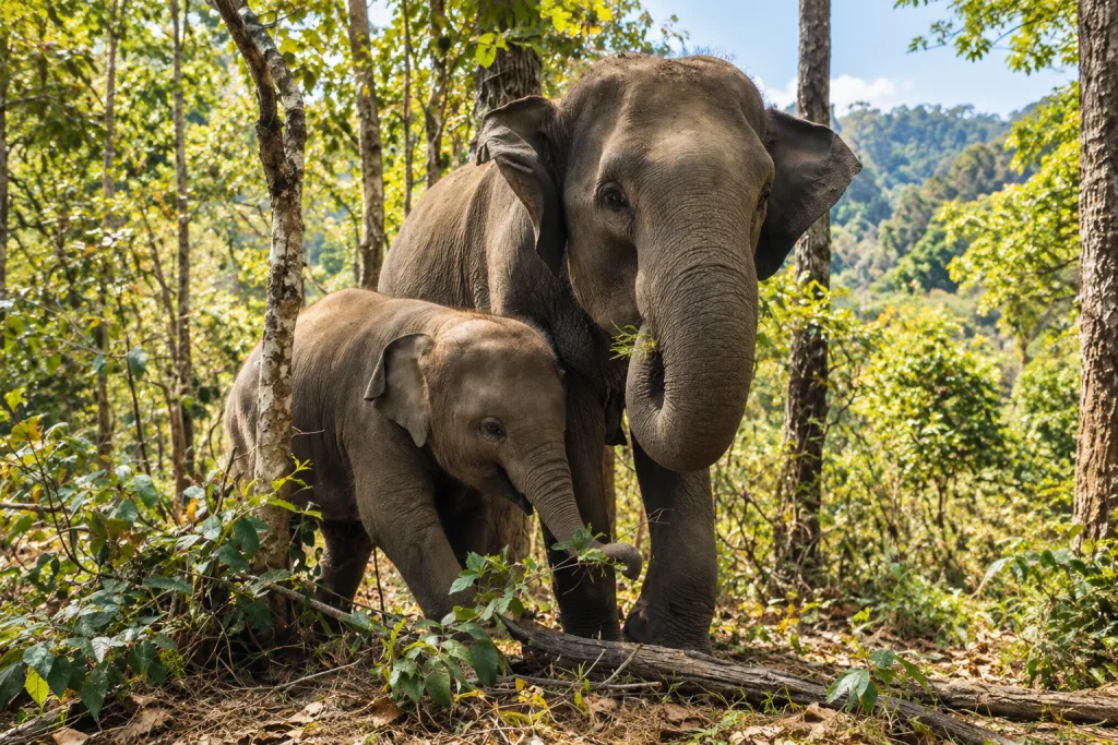 Elephant and calf at a no-riding sanctuary near Chiang Mai, part of custom sustainable Thailand travel