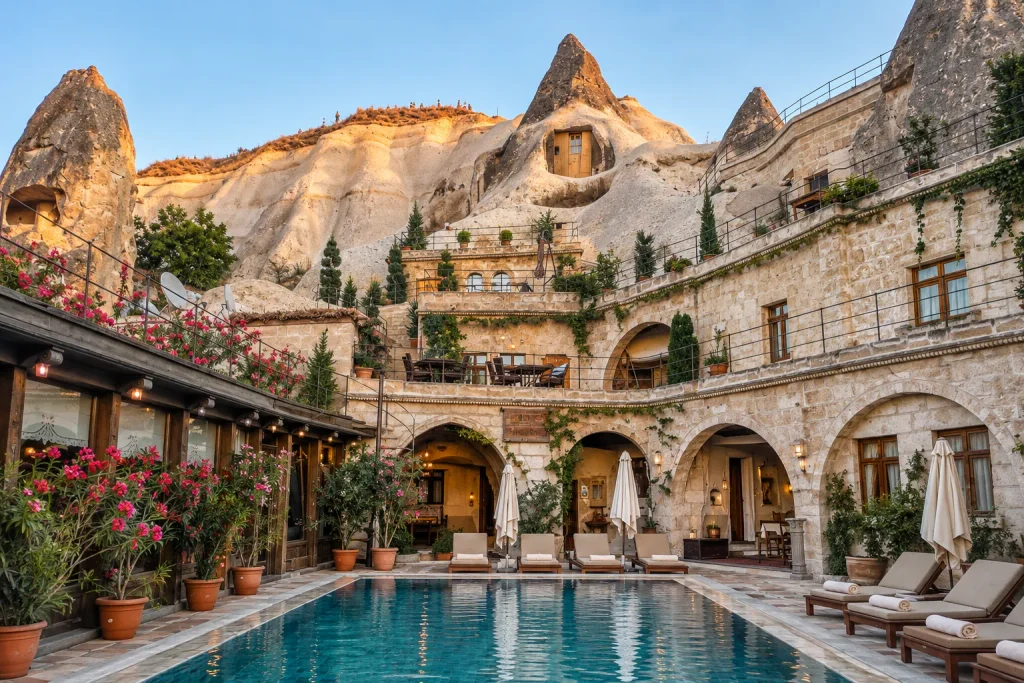 Cave hotel courtyard in Cappadocia, the longer stay open to Pakistani travelers on a tourist visa
