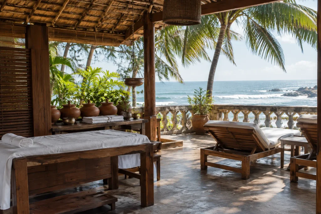 Oceanfront Ayurveda treatment terrace with clay pots and daybeds on Sri Lanka's coast