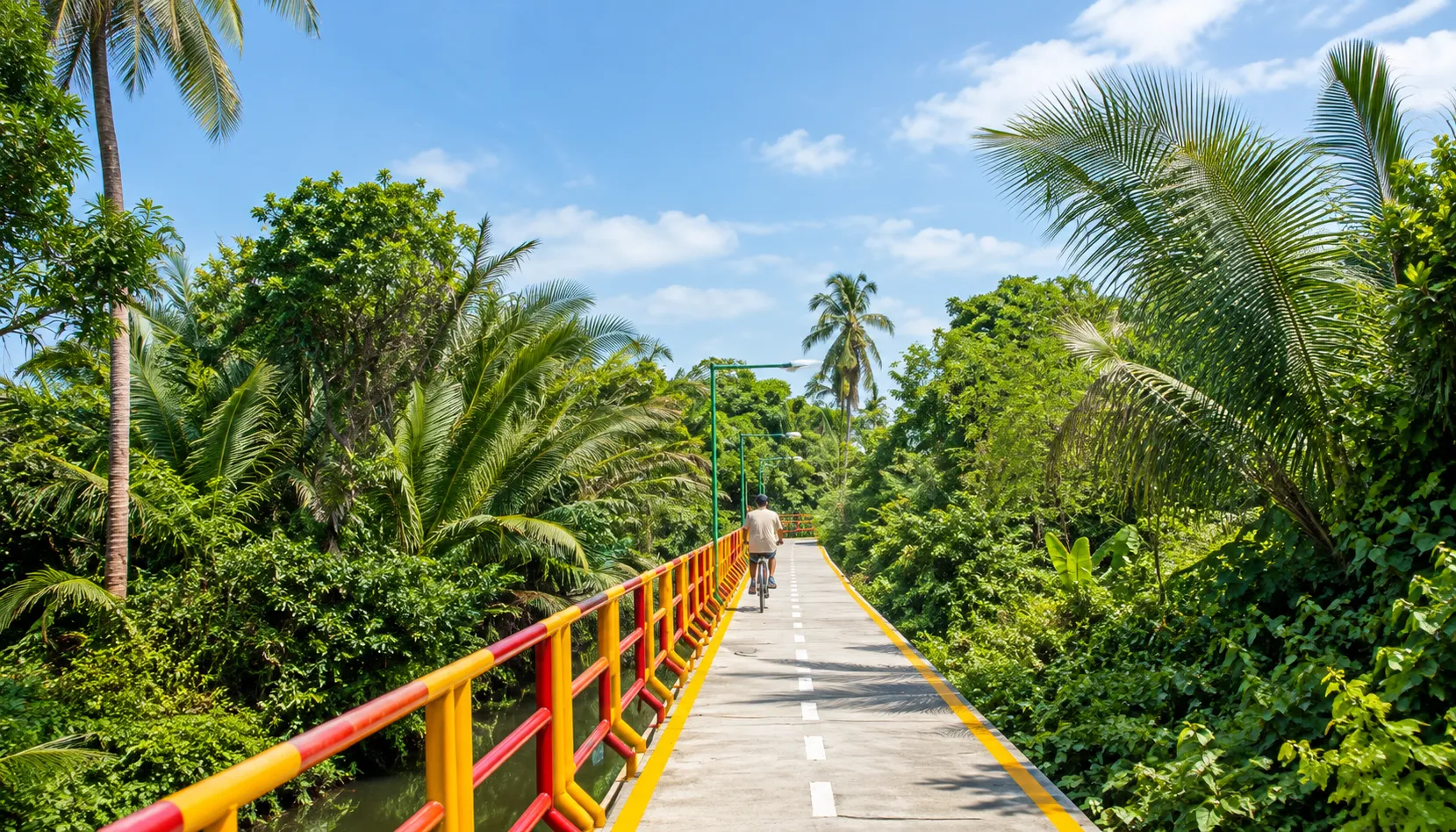 Cyclist crossing a footbridge through Bang Krachao, Bangkok's green lung for sustainable Thailand travel