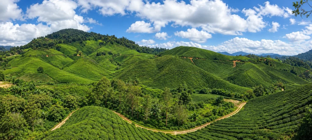 Rolling tea plantation slopes of Cameron Highlands, Malaysia, a cool-climate stop to add