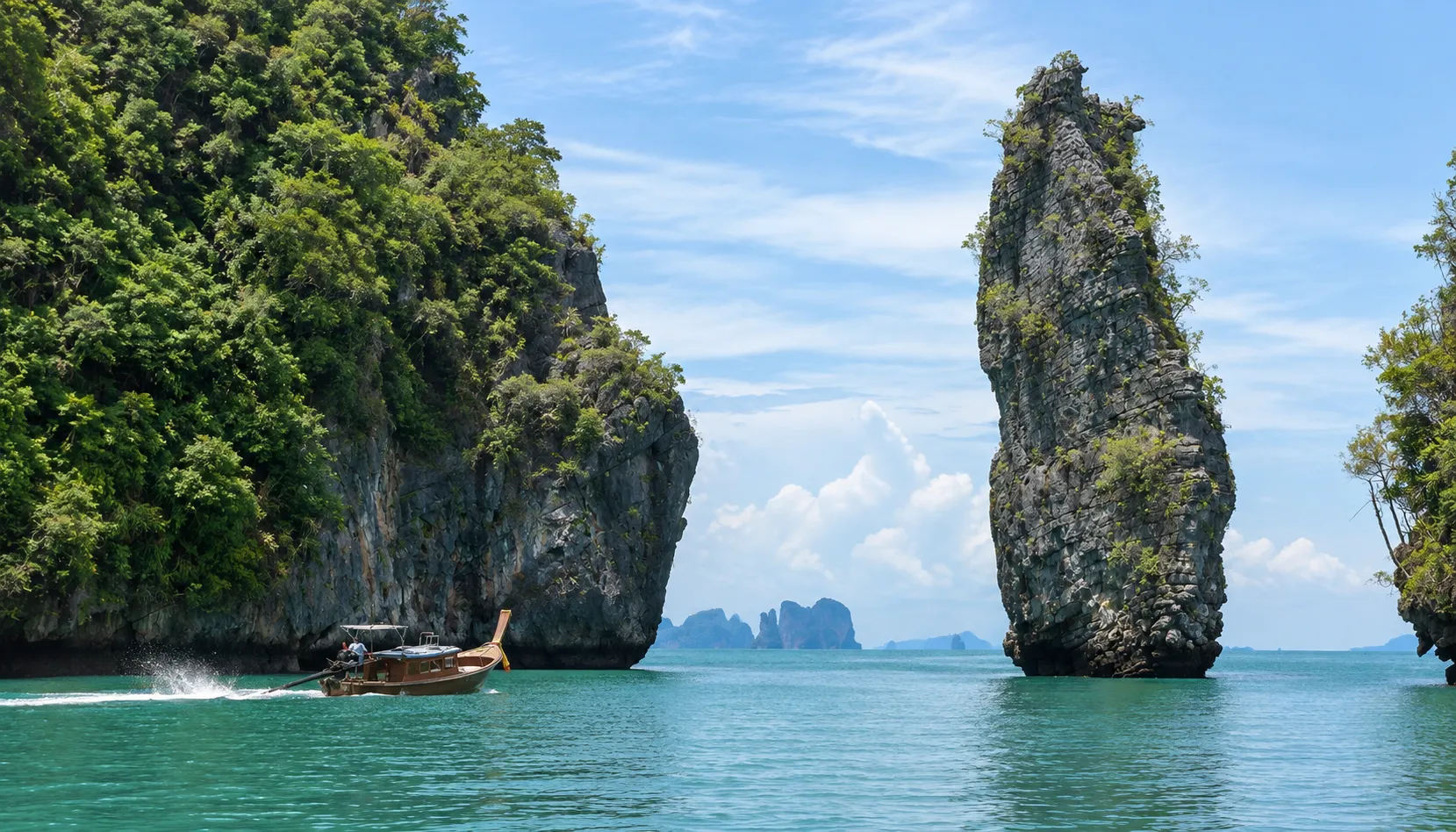 Longtail boat weaving between limestone karsts, a signature stop on a Thailand halal family holiday