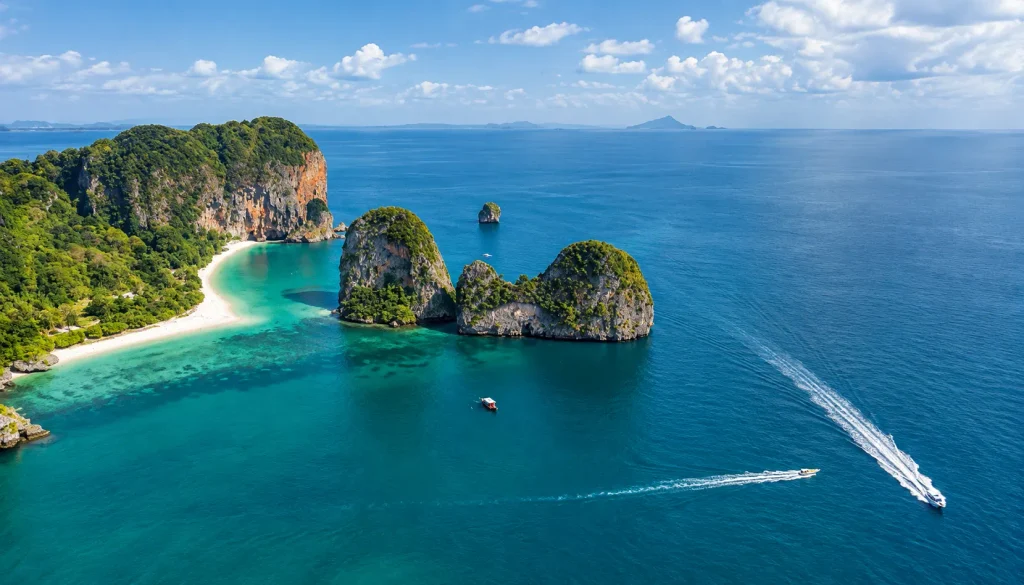 Aerial view of the Andaman Coast's turquoise bays during Thailand's dry season for family travel