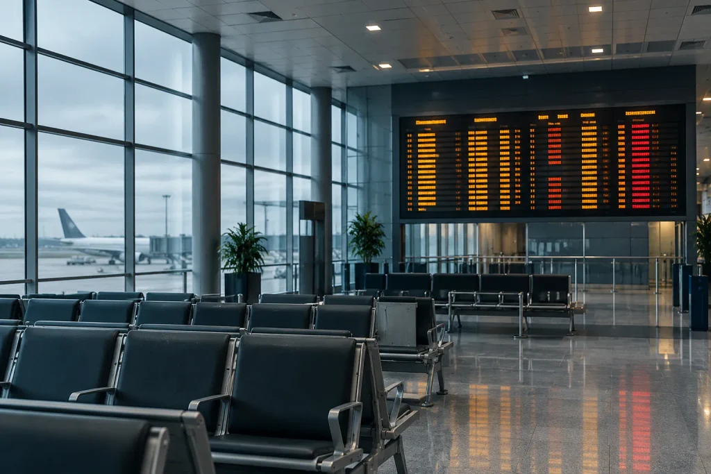 Airport departure board showing delays, why routing matters when booking Bali flights in December