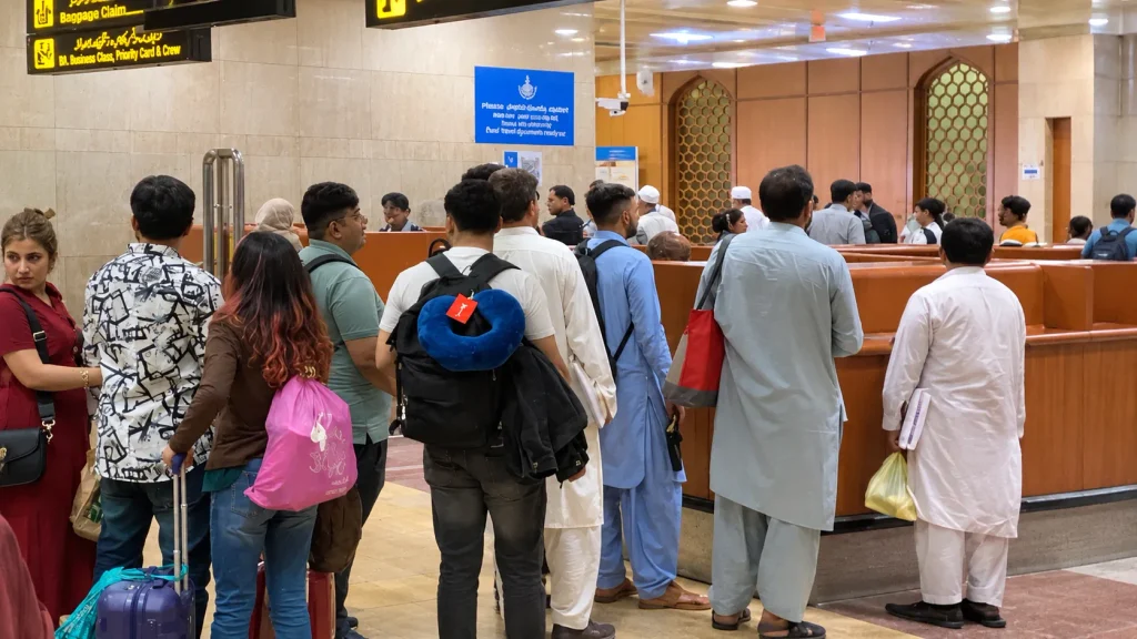 Passengers walking toward Karachi airport immigration gates past the moving walkway