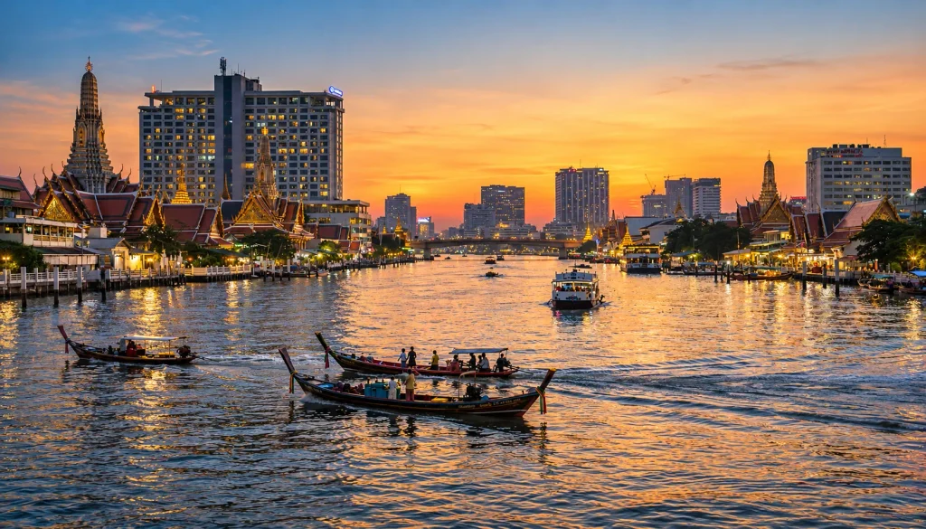 Longtail boats crossing the Chao Phraya at sunset, a short trip from a Bangkok luxury hotel