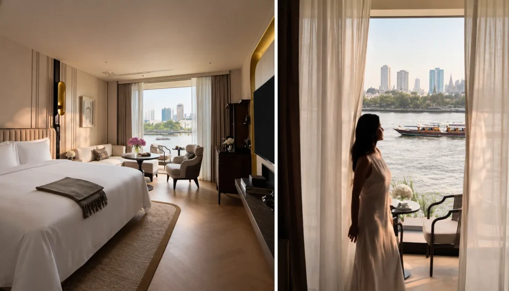 Riverview room at a Bangkok luxury hotel with sheer curtains and Chao Phraya views