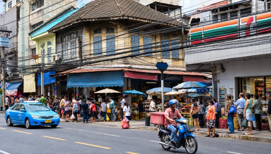 Old shophouses and a street market in Bang Rak, close to a Bangkok luxury hotel