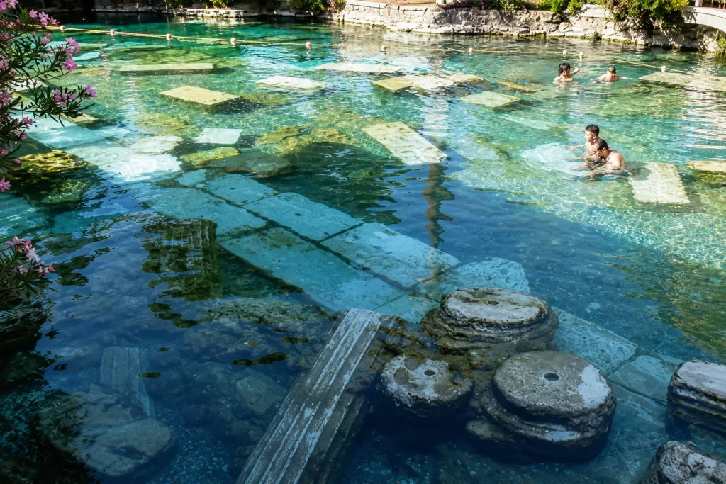 Cleopatra's Antique Pool with sunken marble columns, the paid highlight of a Turkey thermal springs visit