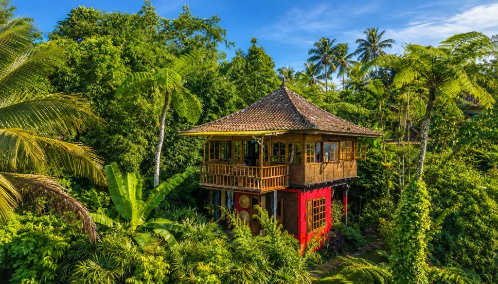 Bamboo eco-cottage in a Bali forest, the kind of low-impact stay behind the island's entry requirements