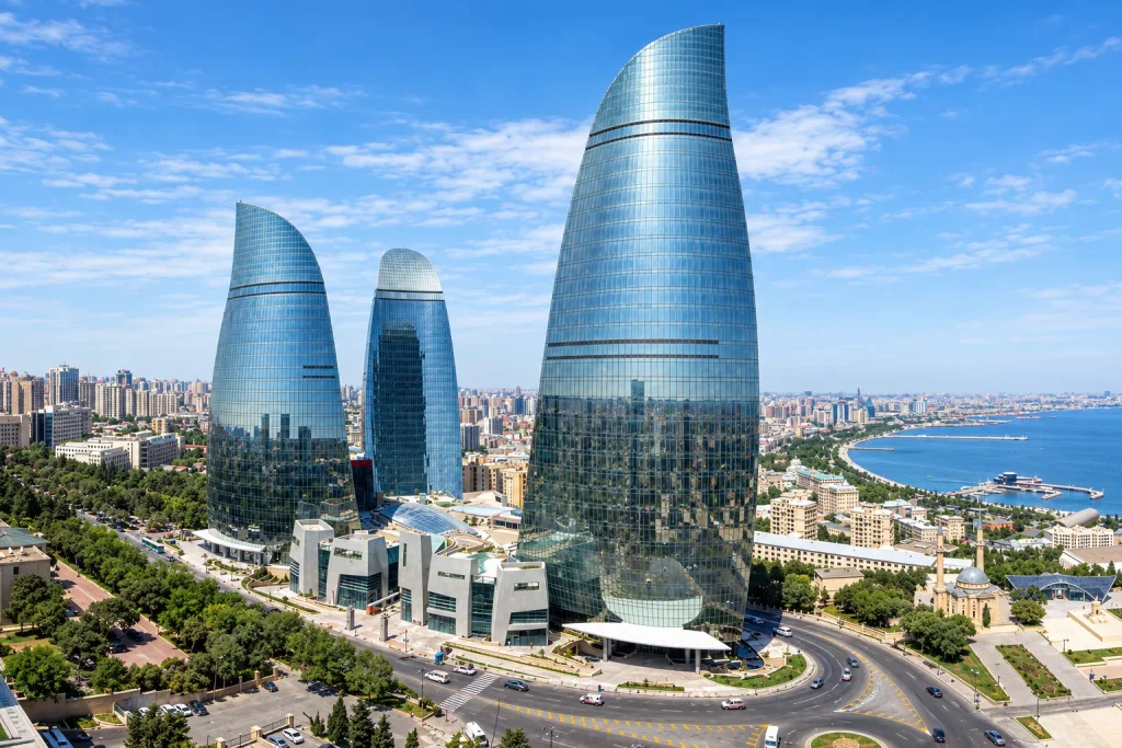 Baku's Flame Towers skyline, the connecting city before the slopes on an Azerbaijan ski trip from Pakistan