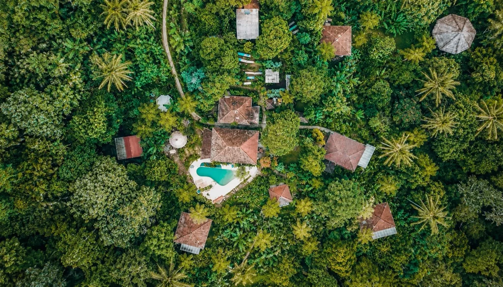 Aerial view of jungle villas in Bali, prepaid stays like these help satisfy Bali's entry requirements