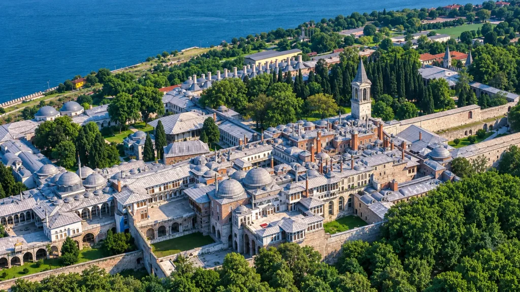 Aerial view of Topkapı Palace beside the sea, near Sultanahmet Istanbul winter hotels