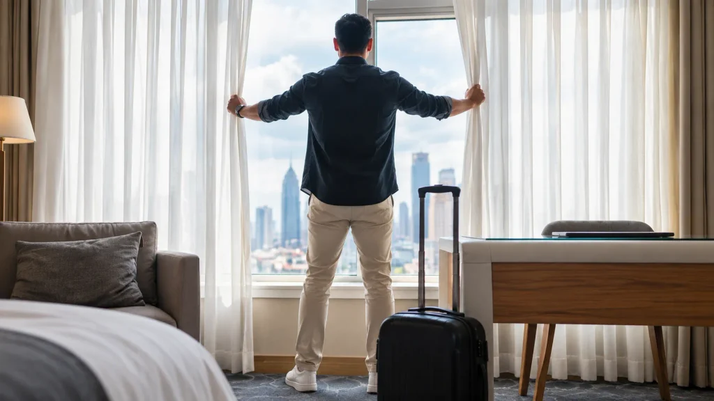 Hotel room with suitcase and city view, a buffer night to protect a December trip with a Dubai layover