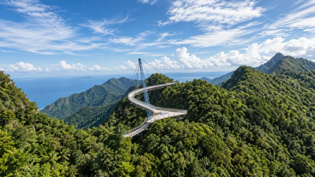 Langkawi Sky Bridge curving over rainforest ridges, a Malaysia highlight for solo travel on a Pakistani passport