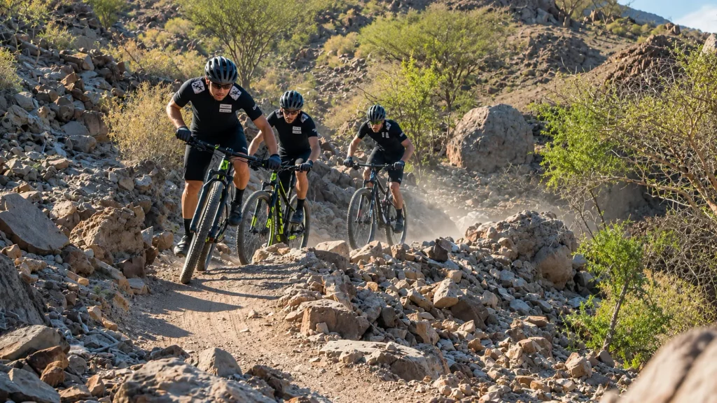 Mountain bikers on a rocky desert trail near Hatta, a budget-friendly outing for a Dubai winter break