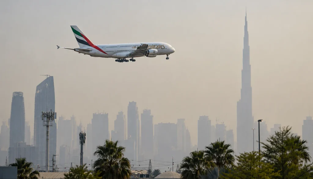 Emirates A380 landing past the Dubai skyline and Burj Khalifa, a Dubai layover in December