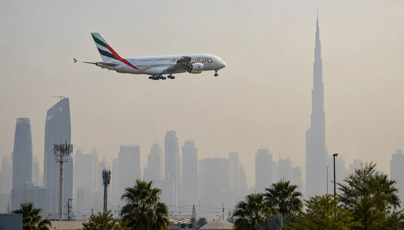 Emirates A380 landing past the Dubai skyline and Burj Khalifa, a Dubai layover in December