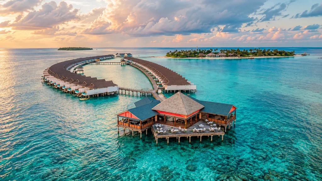 Overwater villas and a lagoon restaurant at golden hour, the classic look of new Maldives resorts