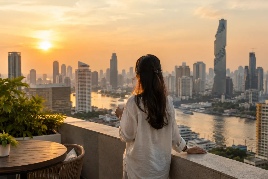 Woman with coffee watching the Bangkok skyline at sunset, weighing the Thailand DTV visa from Pakistan