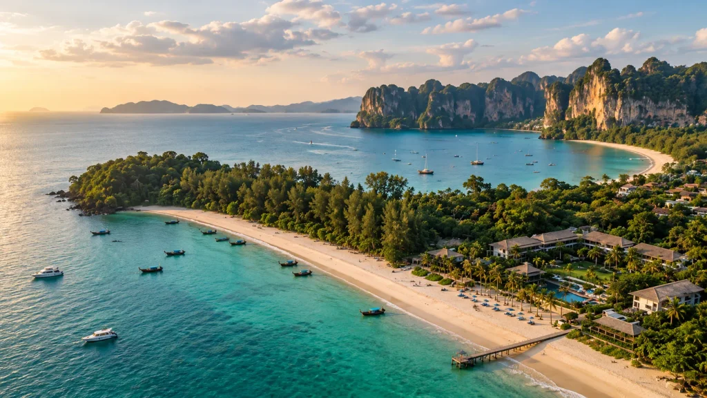 Golden-hour aerial view of Krabi’s turquoise bay and limestone cliffs, a December break needing a Thailand e-Visa from pakistan