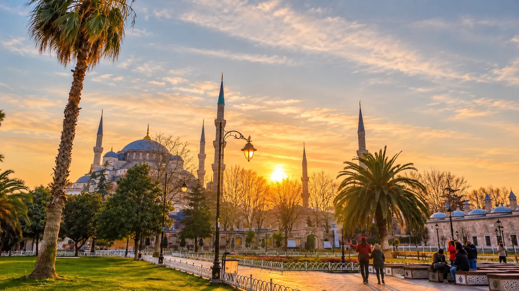 Blue Mosque glowing at sunset from Sultanahmet Park, walking distance from Istanbul winter hotels