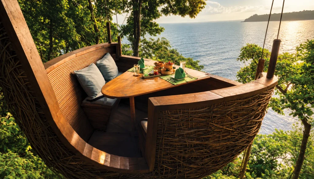 Woven nest-style treehouse dining nook above the sea at golden hour in Koh Kood, a romantic dining spot for a thailand december break