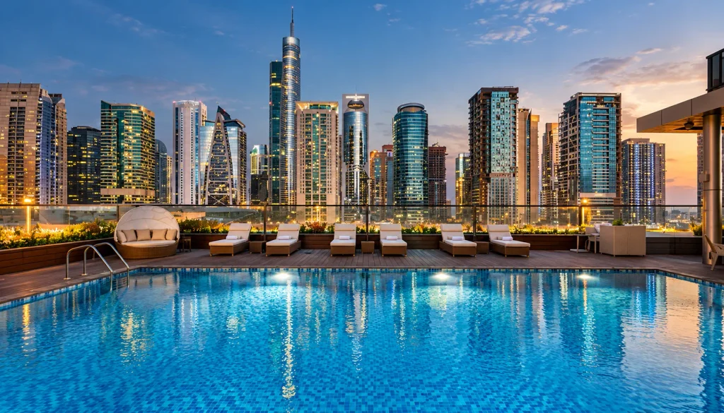 Rooftop hotel pool overlooking Dubai's skyline at twilight, part of this winter's discounted room rates