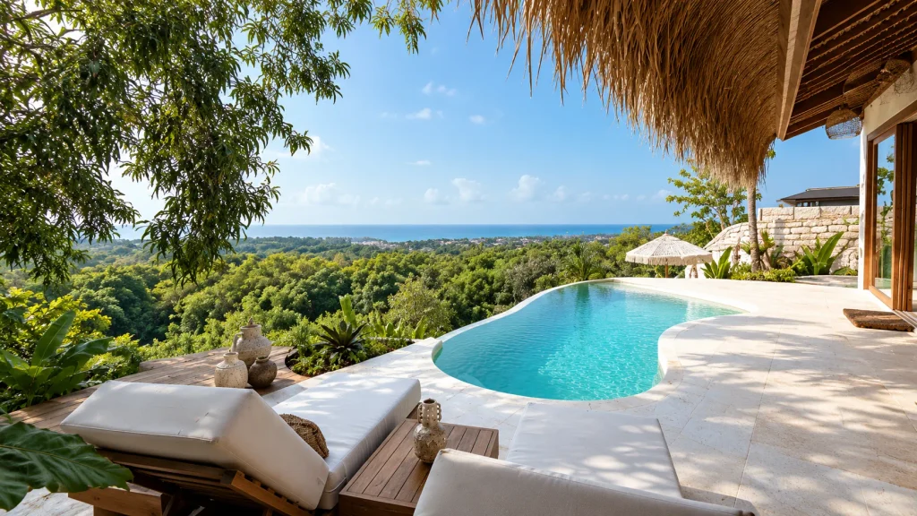 Infinity pool with shaded pergola and loungers at a large-family Bali Christmas villa
