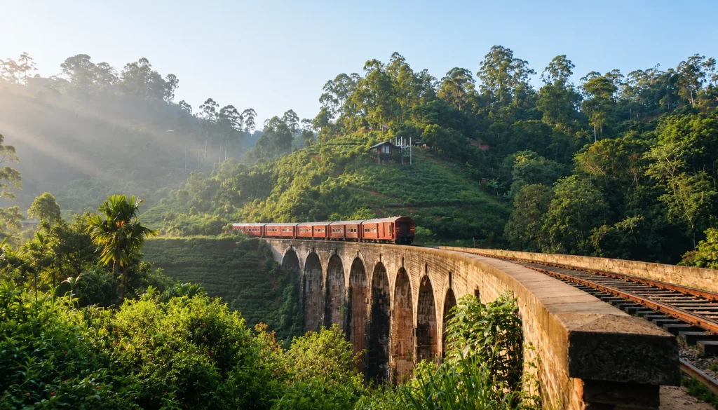 Train crossing the Nine Arches Bridge in Ella, a leg an AI trip planner Sri Lanka plan can misjudge