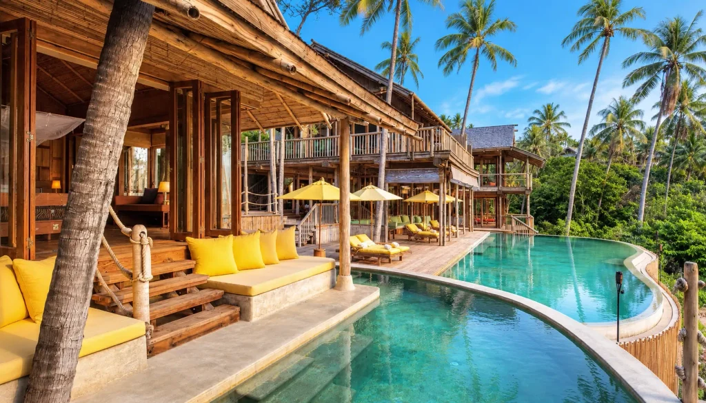 Treehouse-style wooden villa with yellow cushions and a curved infinity pool among palm trees, a custom luxury stay for a thailand december break