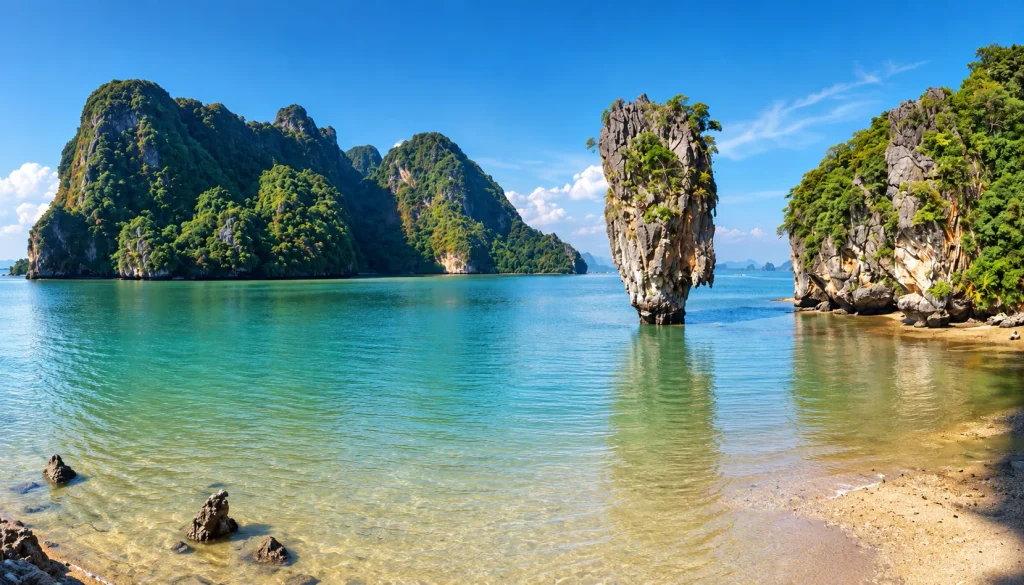 Turquoise lagoon in Phang Nga Bay with limestone karst cliffs and a rock pinnacle rising from calm water, a top thailand december break stop
