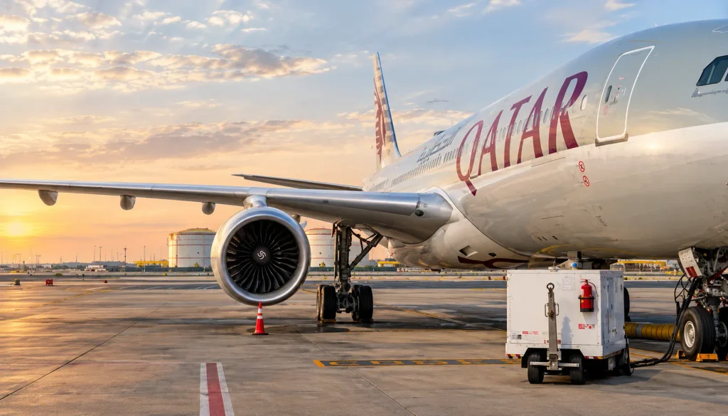 Qatar Airways jet on the apron at golden hour, a Gulf layover on the way to a Thailand DTV visa trip