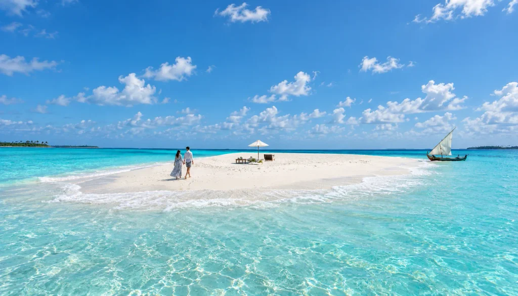 Maldives sandbar with turquoise water and a traditional dhoni, visa on arrival for Pakistani passport holders
