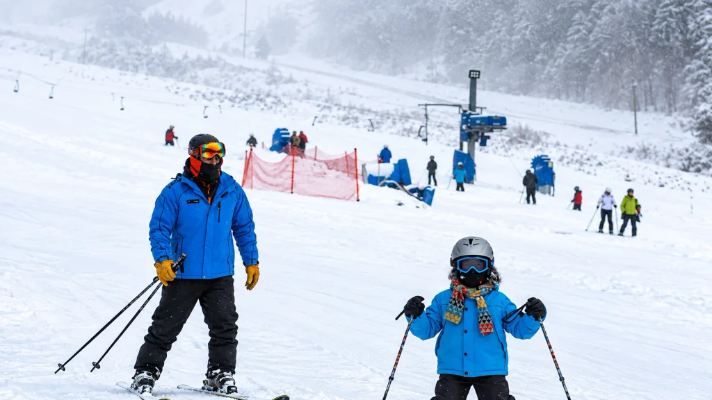 Ski instructor teaching a young child on a snowy slope during an Azerbaijan ski trip