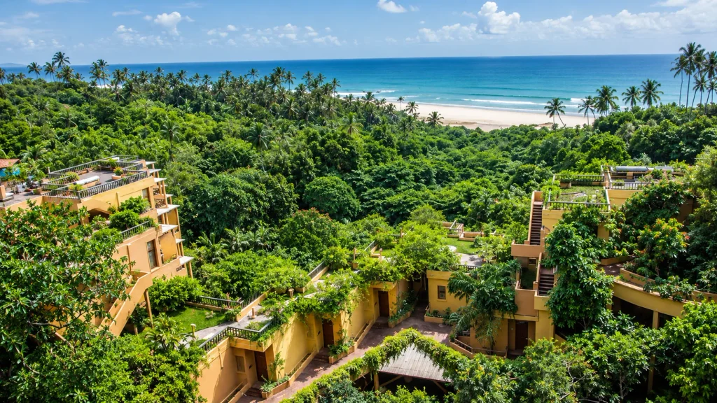 Aerial view of a beachfront Sri Lanka Ayurveda retreat on the Bentota coastline