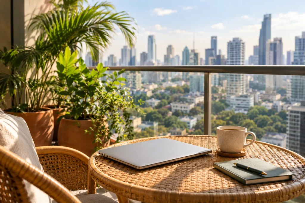 Laptop and coffee on a sunlit balcony, a remote-work setup for the Thailand DTV visa from Pakistan