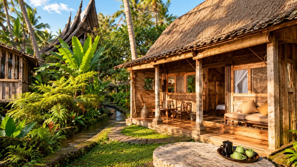Reclaimed-wood and bamboo villa beside a garden stream, a budget-friendly eco stay in Ubud, Bali