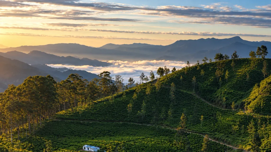 Sunrise over misty tea hills in Sri Lanka, a stop to verify beyond any AI trip planner itinerary
