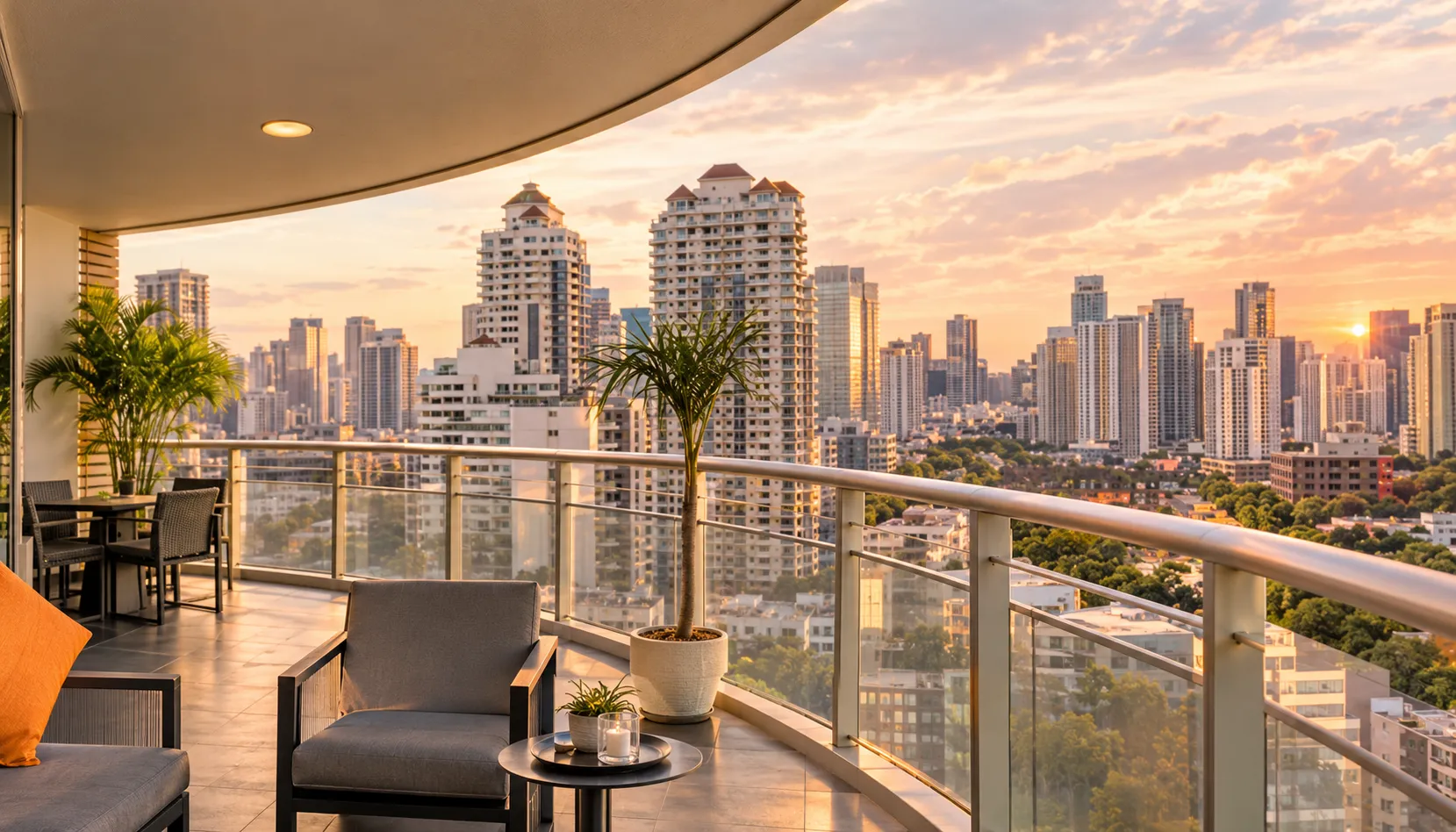Sunset balcony overlooking a city skyline, a long-stay base for the Thailand DTV visa from Pakistan