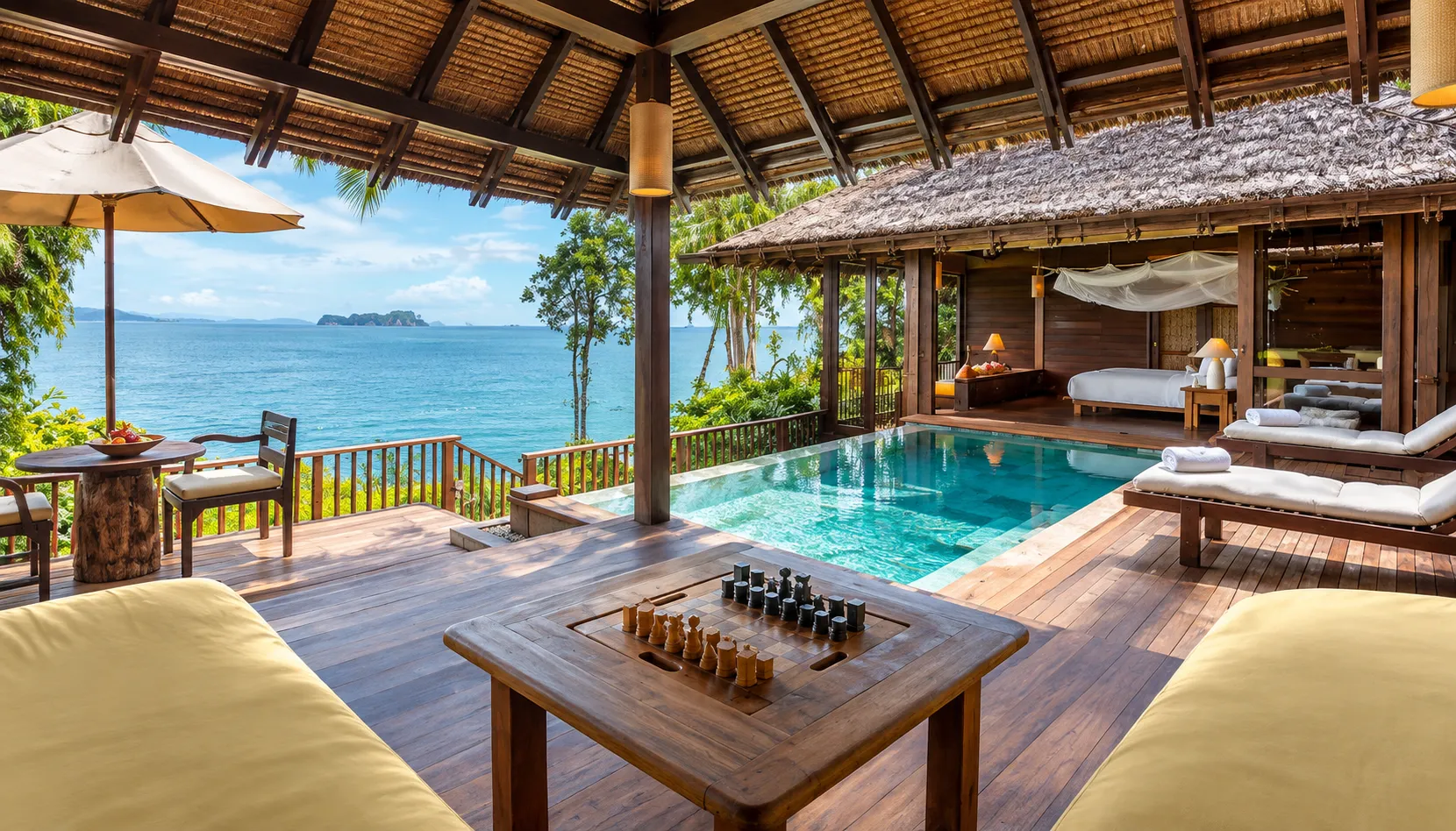 Open-air thatched villa deck with a plunge pool, chess table and sea view, a relaxing family stay for a thailand december break