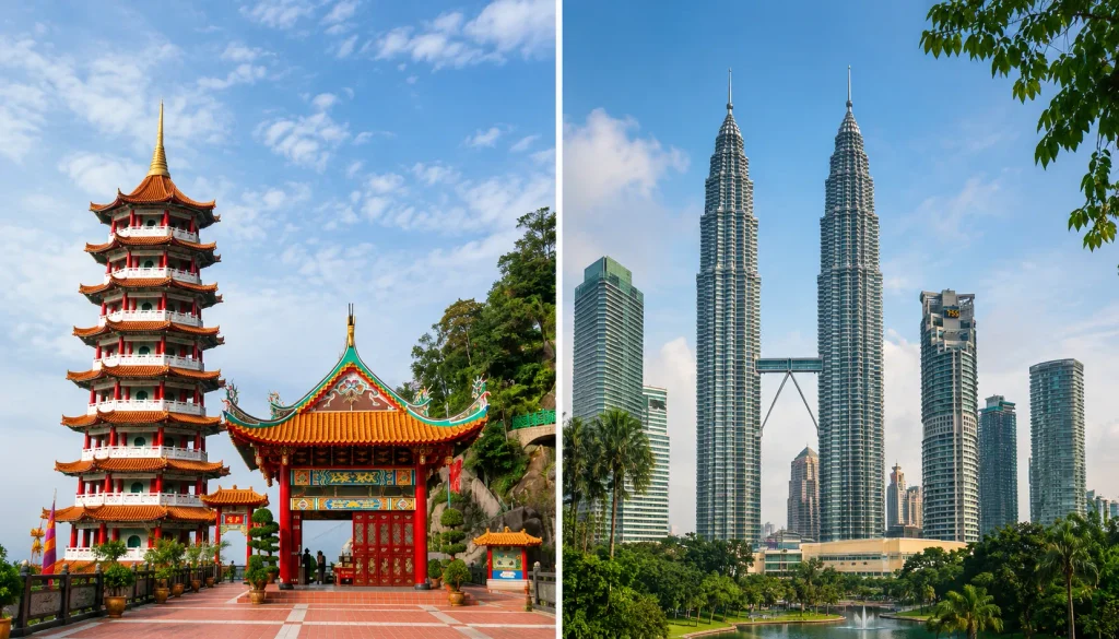 Kek Lok Si pagoda and the KL Twin Towers, two stops reachable after a Karachi to Kuala Lumpur direct flight