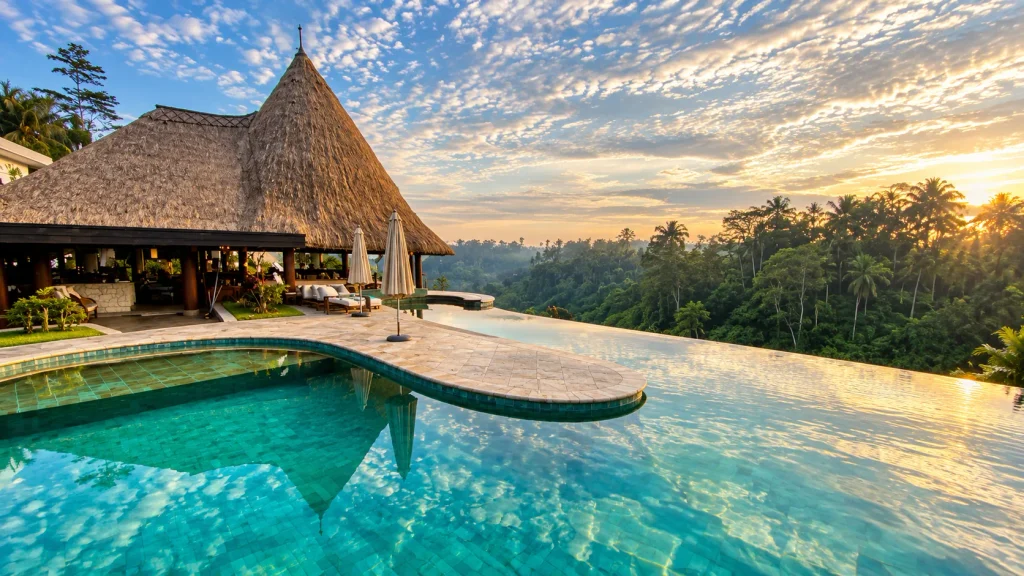 Infinity pool and thatched lounge overlooking an Ubud rainforest valley at sunrise