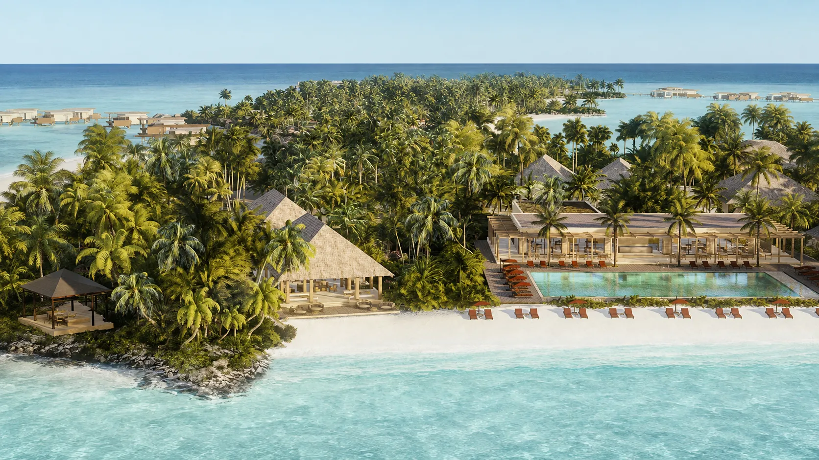Render of an island resort with a beachfront pool, typical of new Maldives resorts still in development
